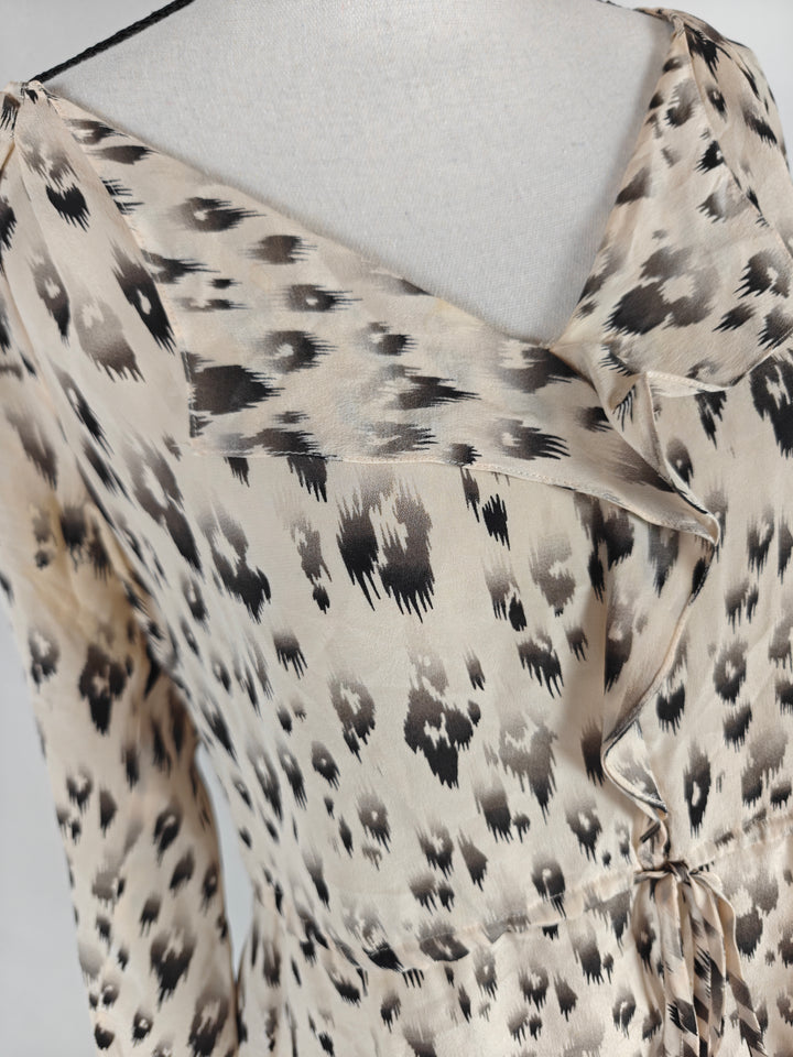 Womens Rebecca Taylor Silk Blouse Beige Black Animal Print