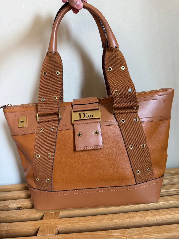 Vintage Christian Dior Street Chic Brown Leather Grommet Tote John Galliano