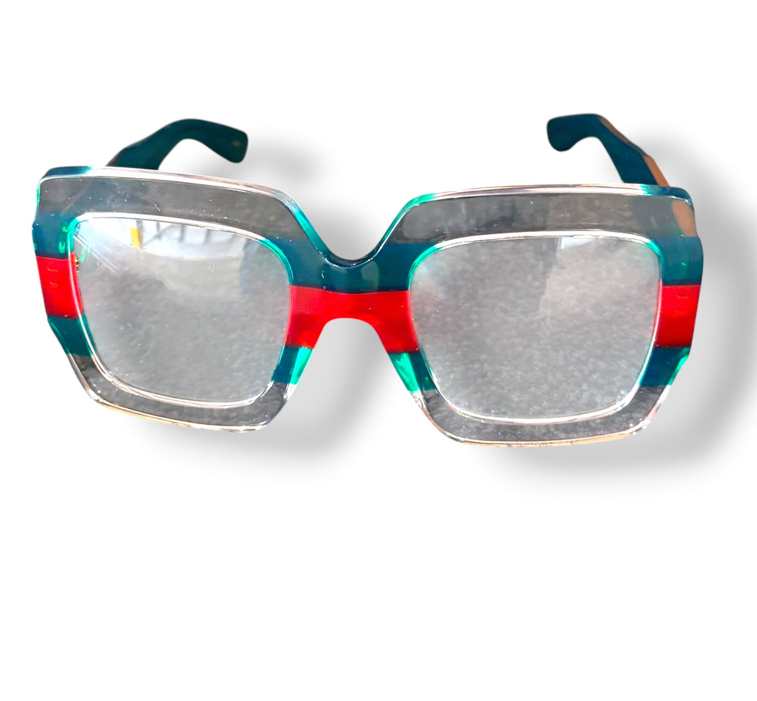 Gucci Oversized Square Web Stripe Sunglasses Green Red Clear Gold Logo