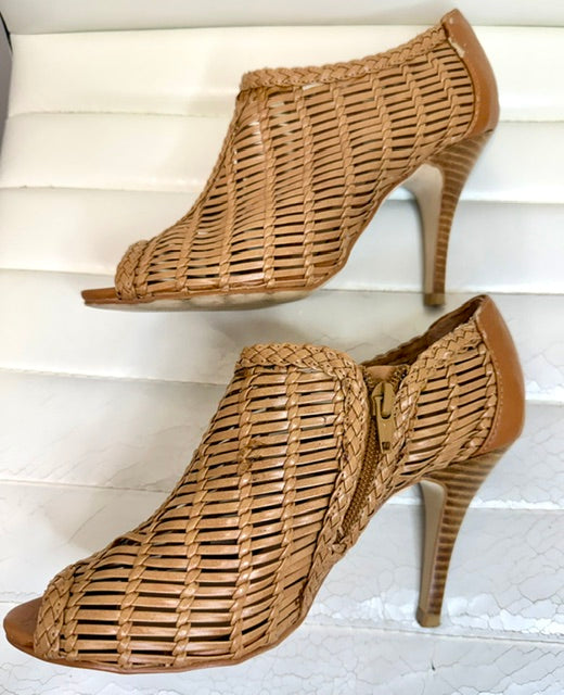 ALDO Camel Woven Leather Peep-Toe Y2K Booties Sz7