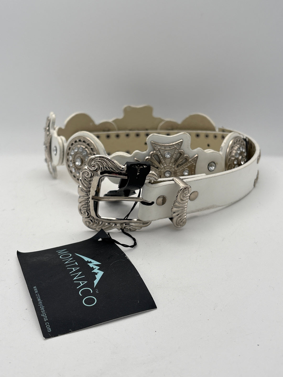 Women’s MontanaCo White Leather Bedazzled Western Belt