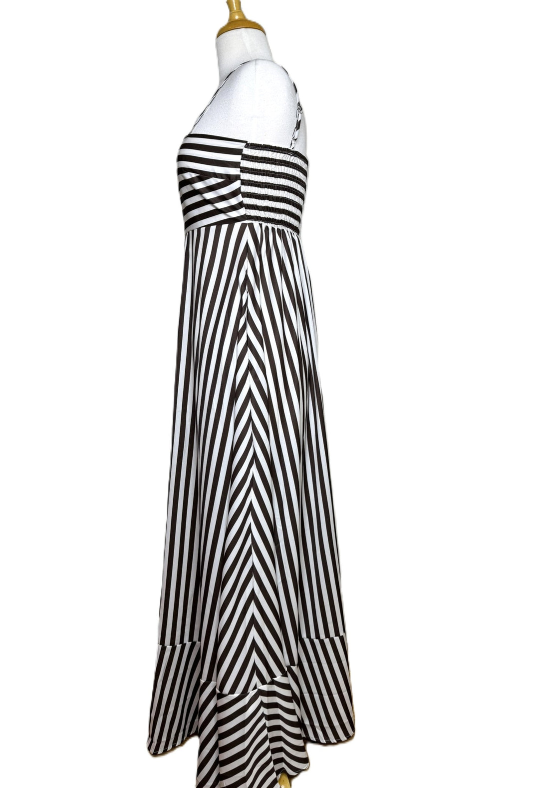 Women's Brown & White Striped Spaghetti Strap Satin Maxi Dress, Ruffled Hem, Size Small