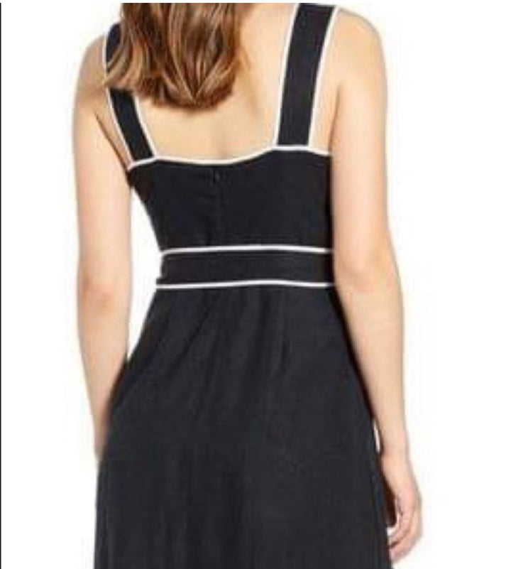 1901 Linen Blend Wrap Style Maxi Dress Black White Trim SzL