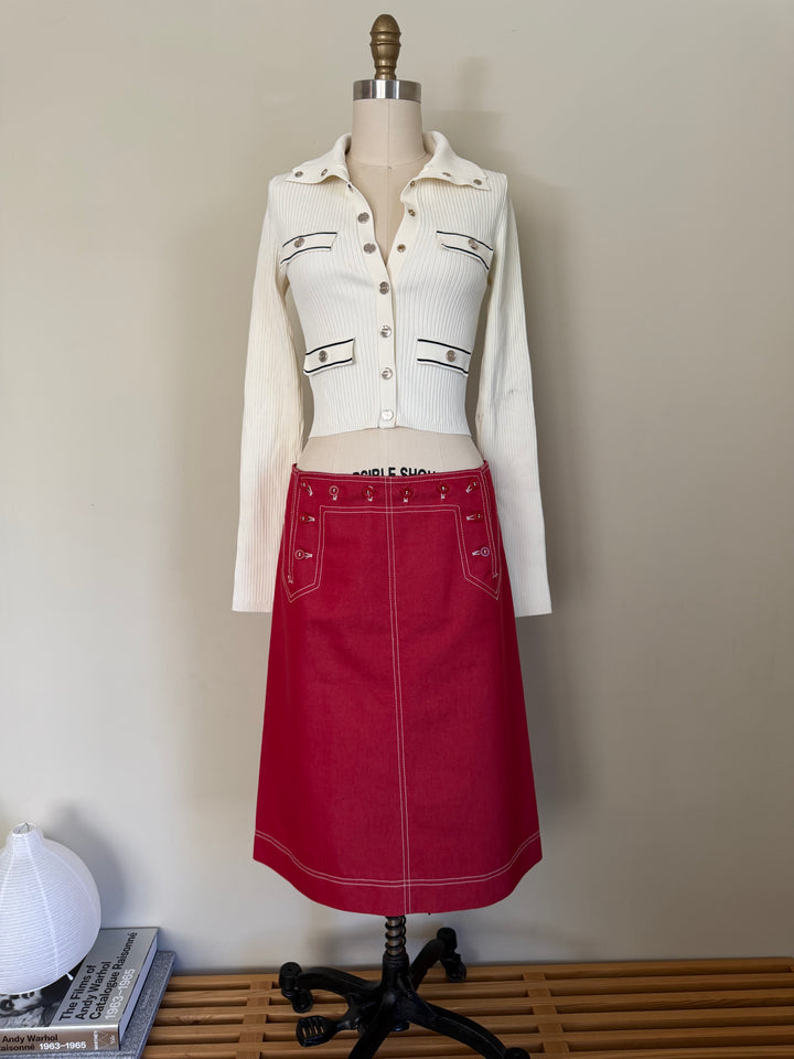 Philosophy di Alberta Ferretti Red Contrast Stitch Button Pencil Skirt Made in Italy US 6