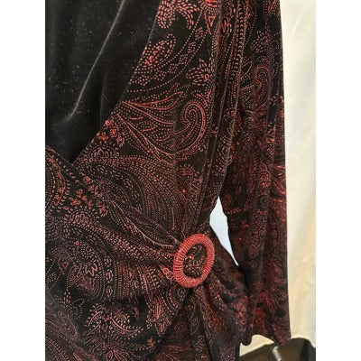 Notations SPARKLY Red and Black Velour Blouse with Side tie piece SZ XL