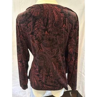 Notations SPARKLY Red and Black Velour Blouse with Side tie piece SZ XL