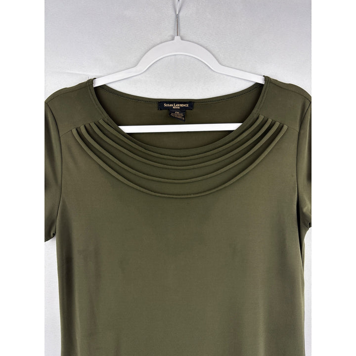 Susan Lawrence Petite Medium Olive Green Short Sleeve Top With Gathered Neckline