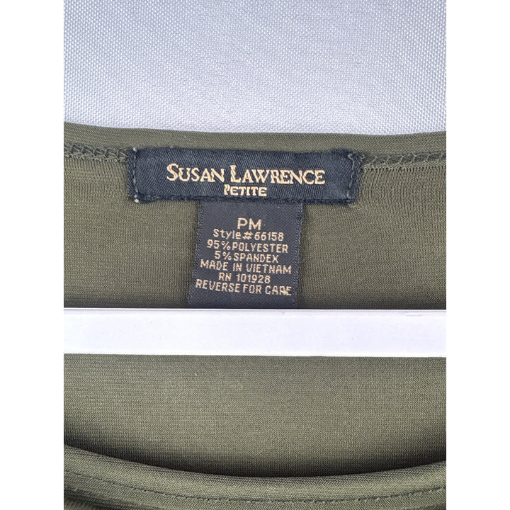Susan Lawrence Petite Medium Olive Green Short Sleeve Top With Gathered Neckline