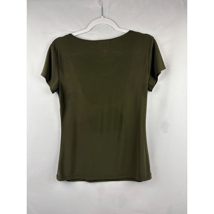 Susan Lawrence Petite Medium Olive Green Short Sleeve Top With Gathered Neckline