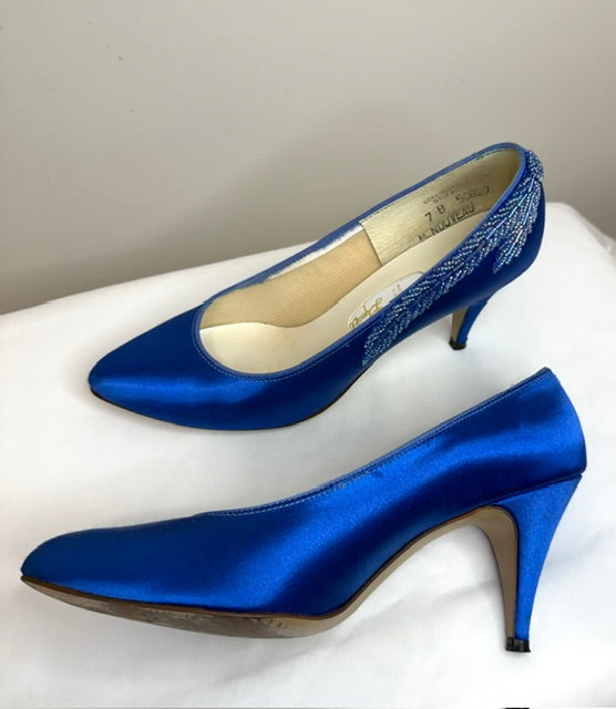 Vintage Nouveau 90s Royal Blue Satin Beaded Pumps Sz 7