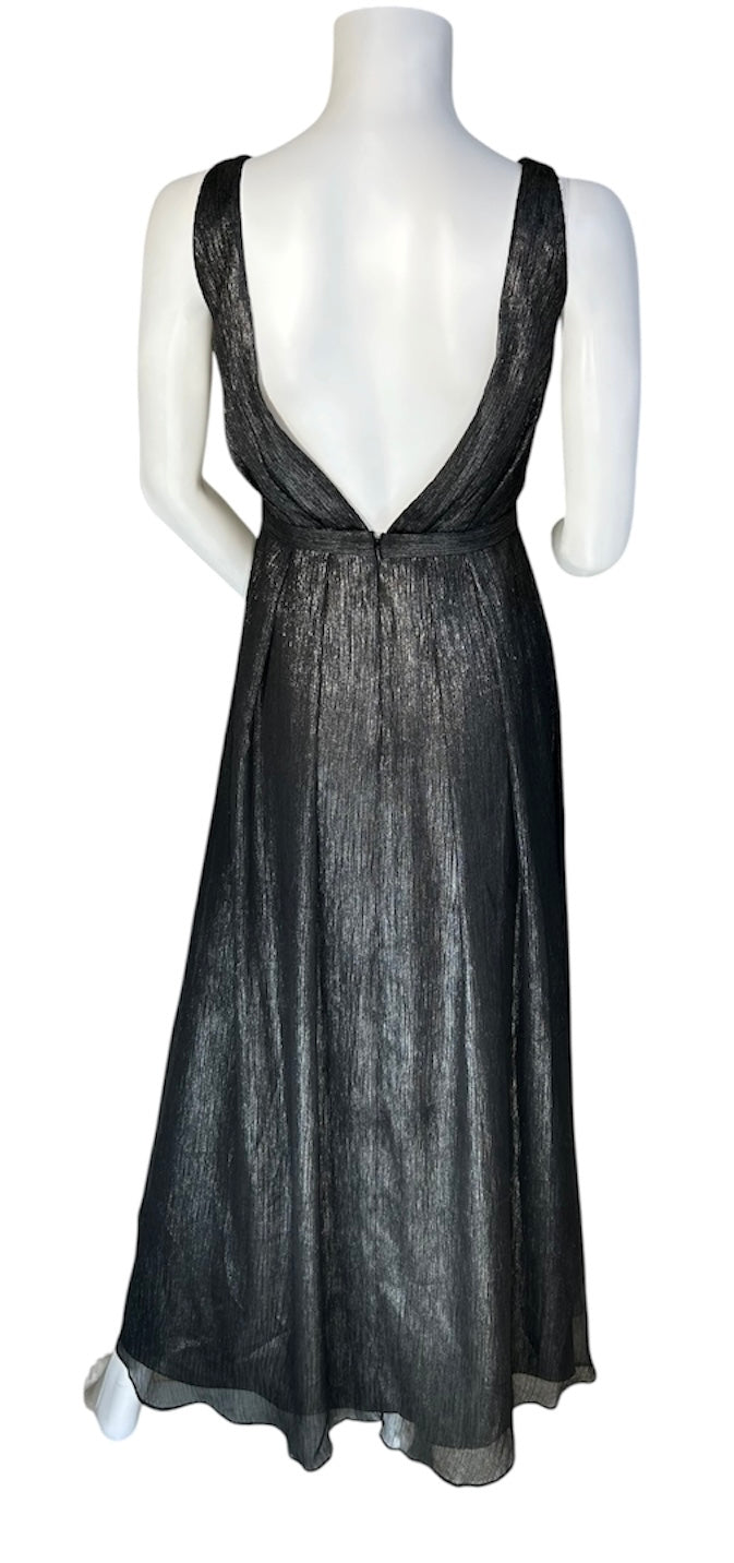 Monique Lhuillier Bridesmaids Size 2 Black Metallic Empire Plunge V-Neck Maxi Evening Dress Formal Wear