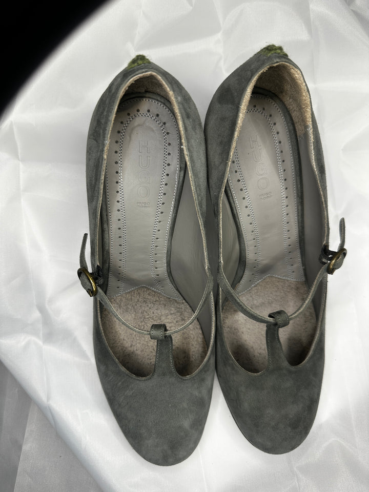 Hugo Boss Taupe Suede Mary Jane Block Heels