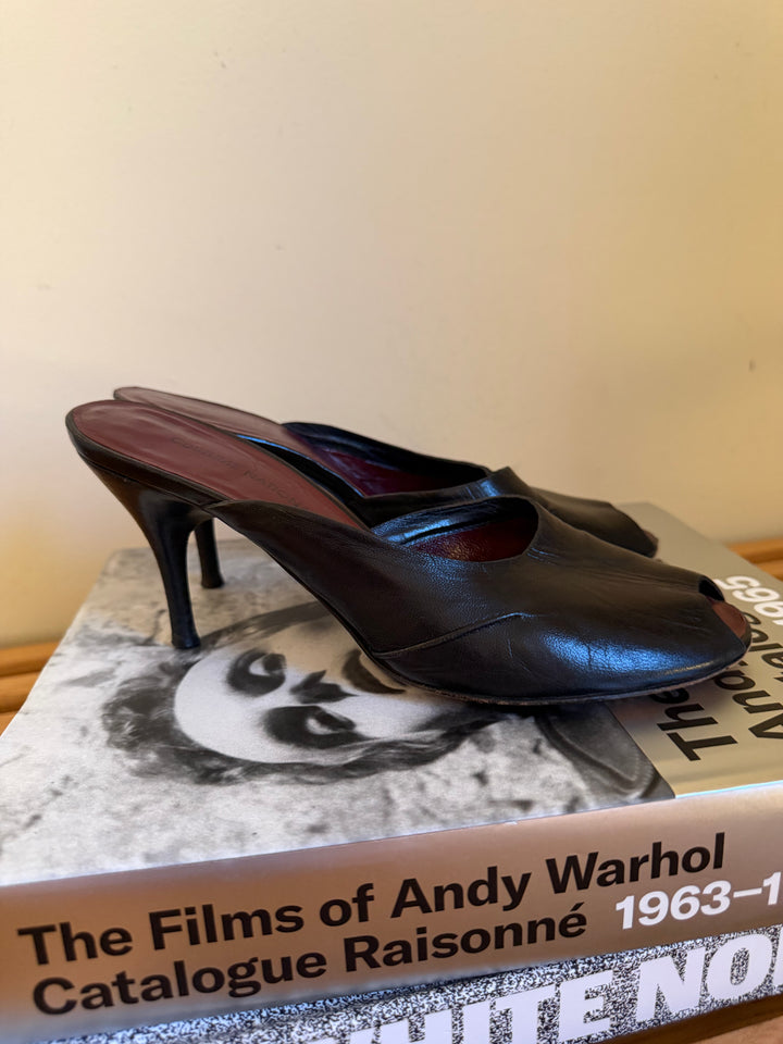 Costume National Black Leather Peep Toe Mule Heels Size 8