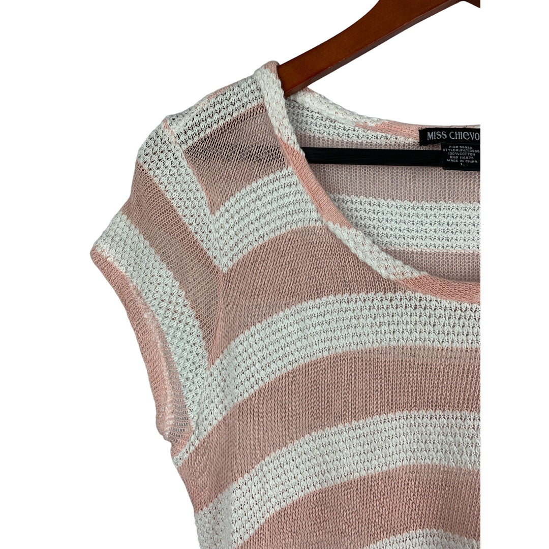 Miss Chievous Womens Large Striped Knit Top Pink & White Cotton