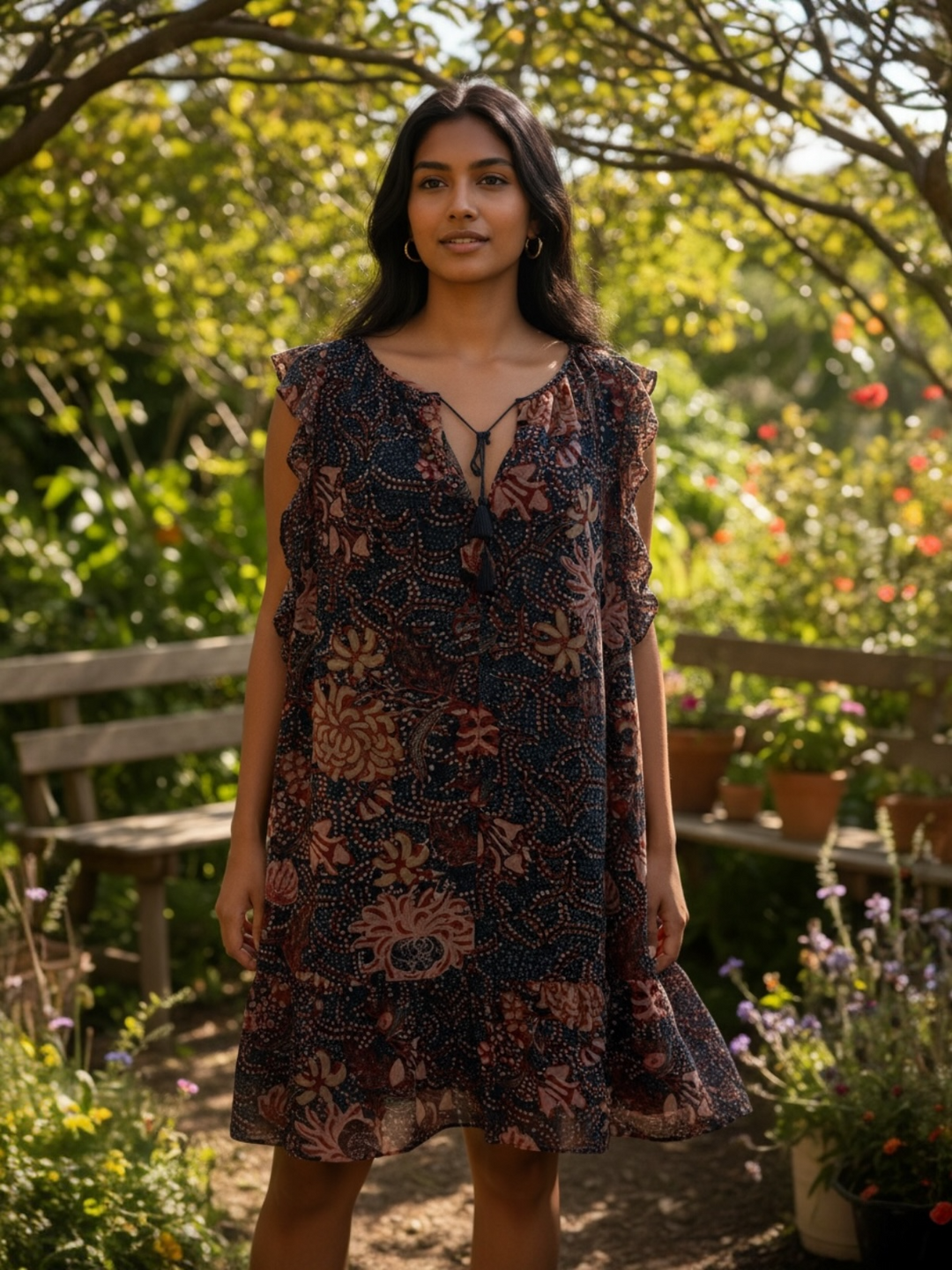 Madewell Boho Floral Ruffle Navy Dress Size XL