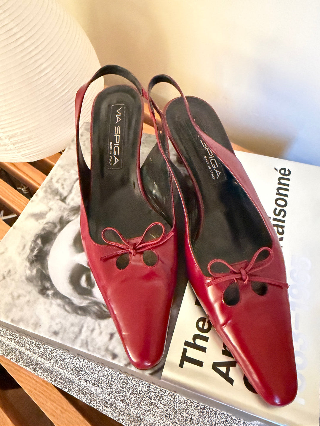 Vintage Via Spiga Red Leather Bow Slingback Heels Size 8