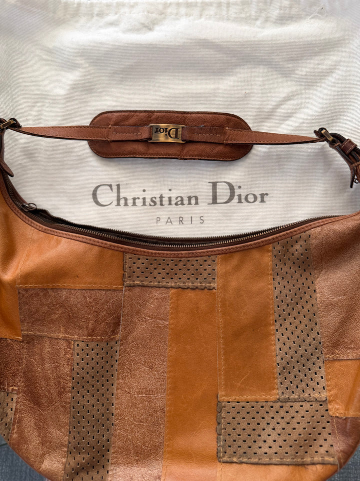 Vintage Christian Dior Brown Patchwork Leather Hobo Shoulder Bag Y2K