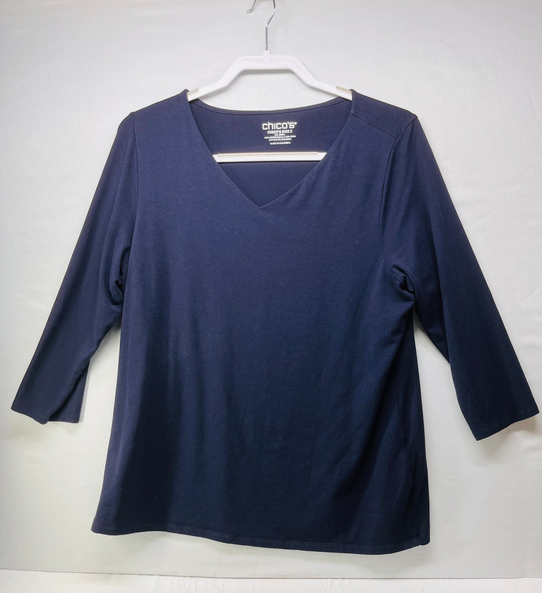 Chico’s Women’s Navy Blue V-Neck T-Shirt 3/4 Sleeve Casual Stretch Top