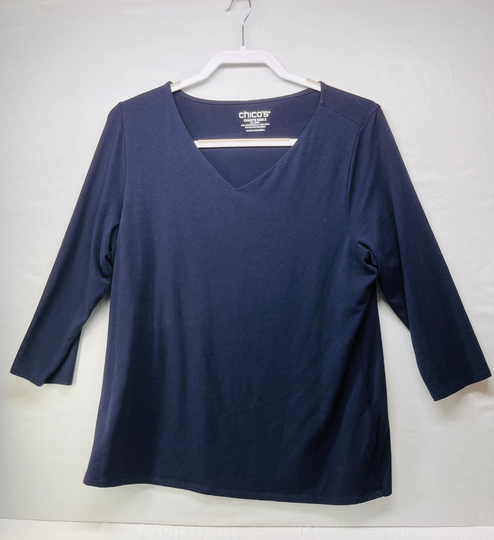 Chico’s Women’s Navy Blue V-Neck T-Shirt 3/4 Sleeve Casual Stretch Top