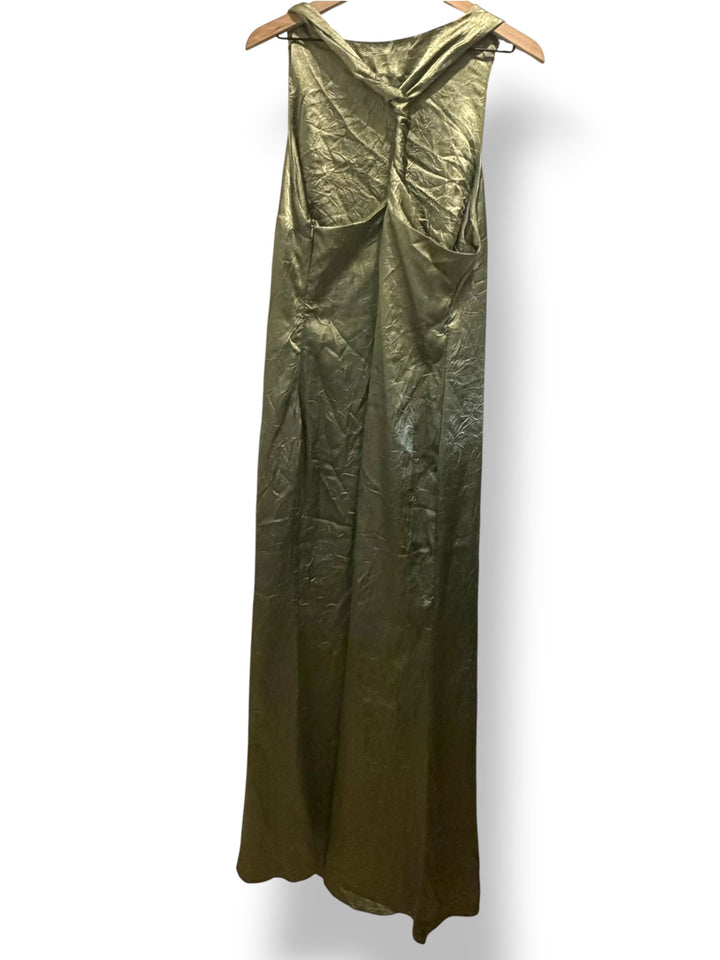 ASOS Design Olive Sage Green Crushed Satin Maxi Dress Size 14 Halter Evening Y2K