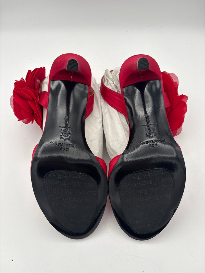 Women’s Ros Hommerson Size 9 Bright Red Satin Flower Pumps