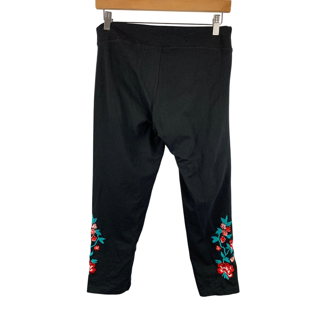 French Laundry Womens Embroidered Floral Black Leggings M