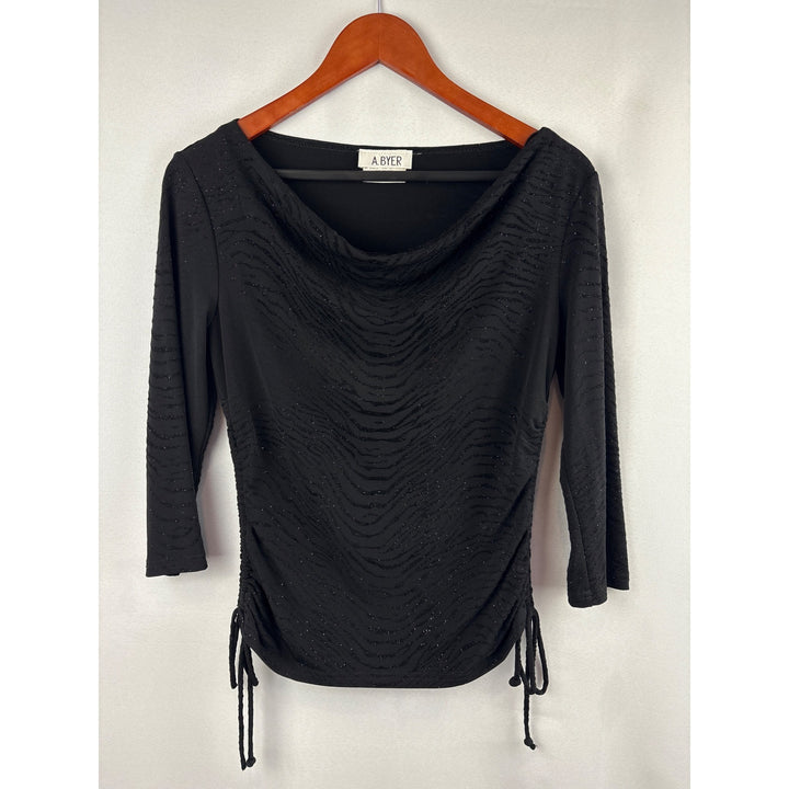 Women’s A. Byer Size Large Black Long Sleeve Sparkly Zebra Print Shirt