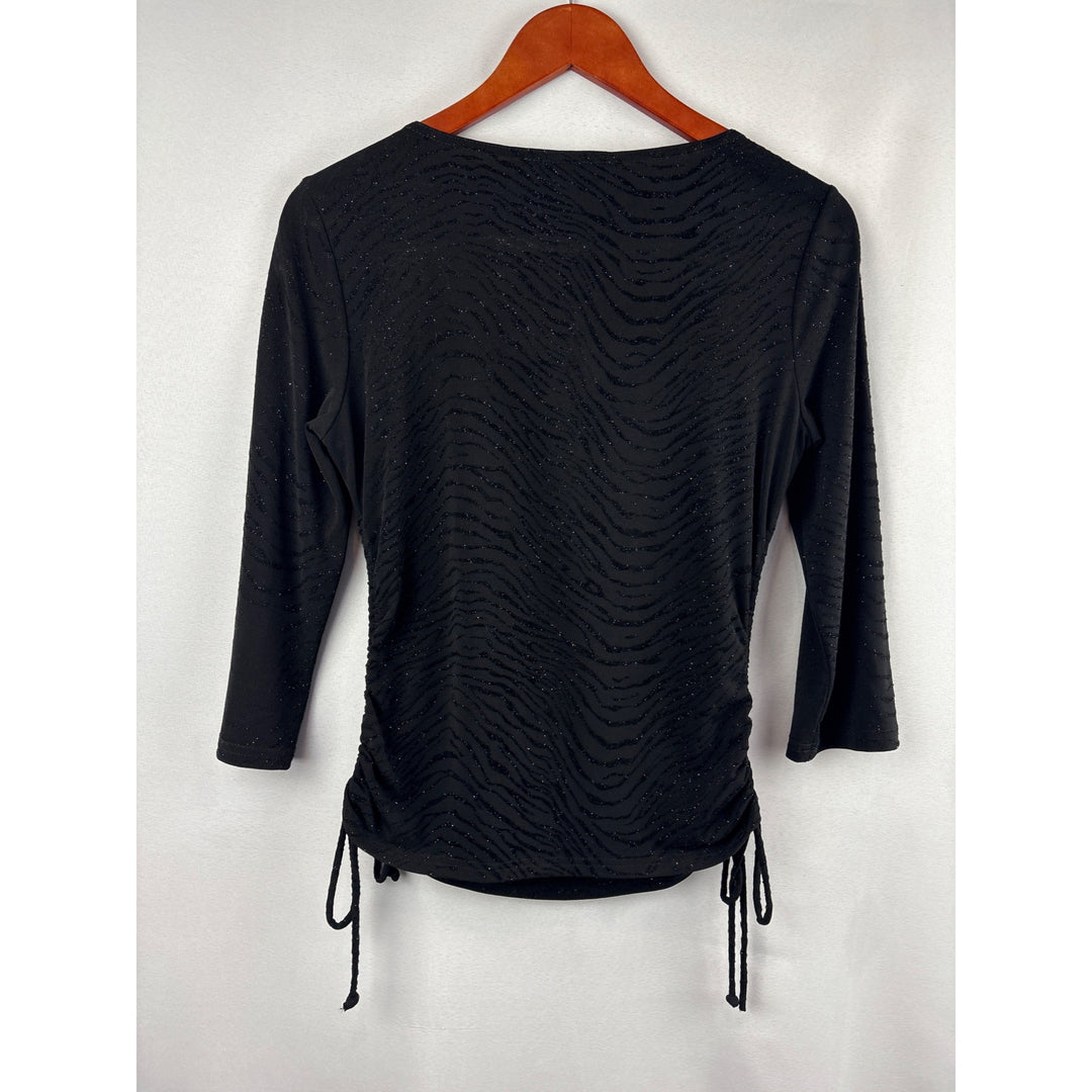Women’s A. Byer Size Large Black Long Sleeve Sparkly Zebra Print Shirt