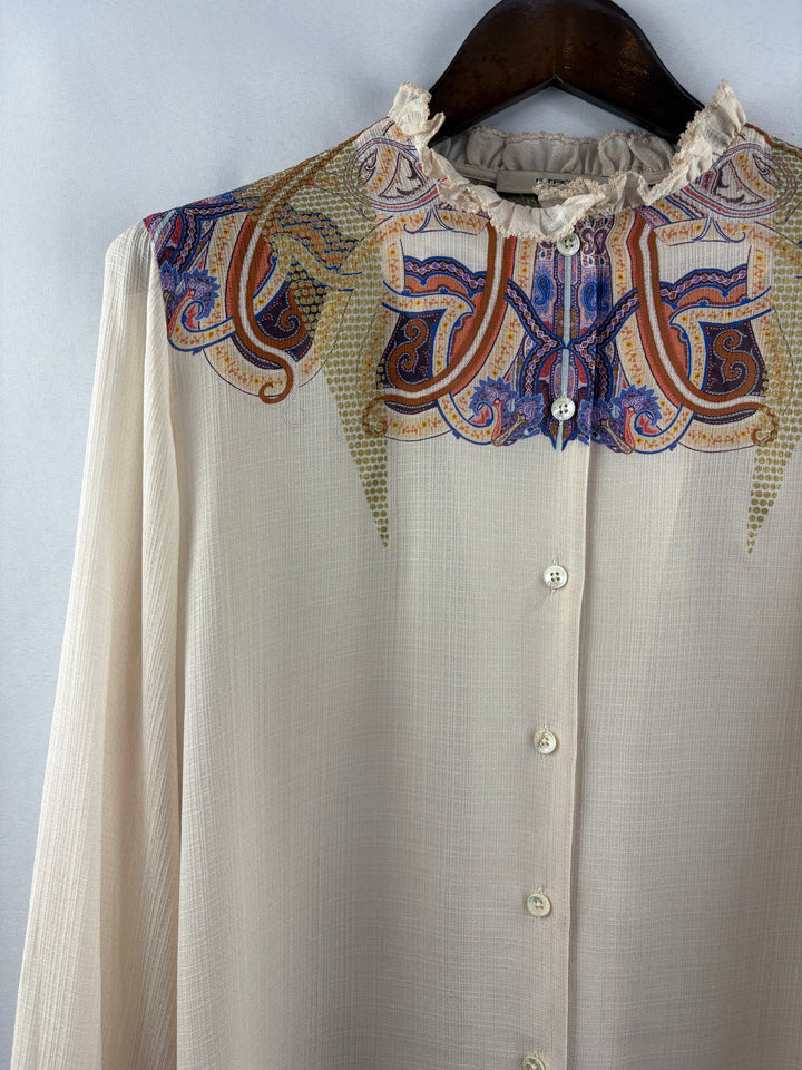 Women’s ETRO Size 14 Beige Button Up Blouse w/ Paisley Pattern