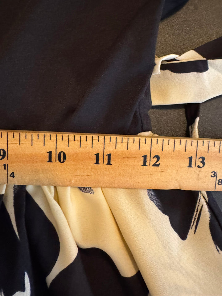 Women's Black & Cream Floral Print Maxi Dress, Puff Sleeves, Tie Waist, Size Small