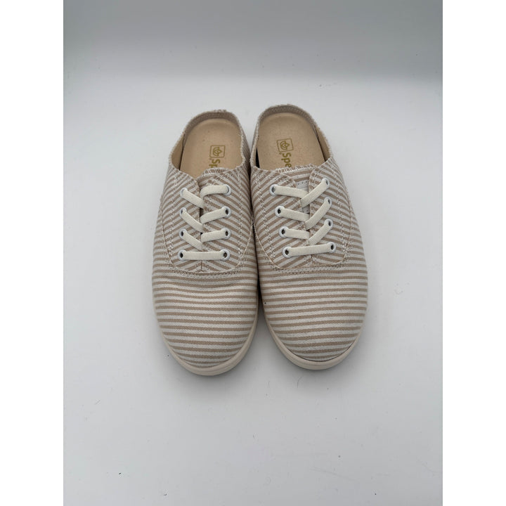 Spenco Womens 7 Slip-On Beige & White Striped Canvas Sneakers