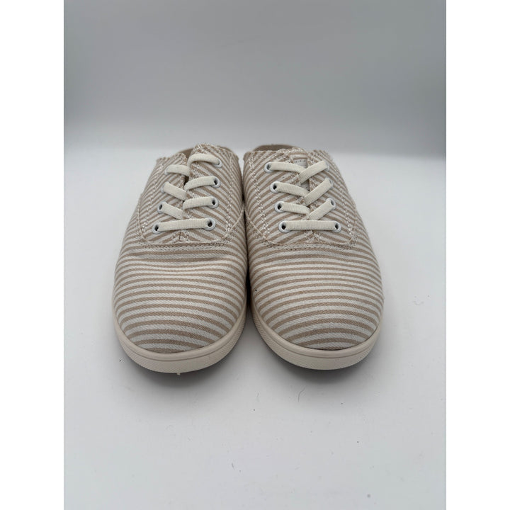 Spenco Womens 7 Slip-On Beige & White Striped Canvas Sneakers