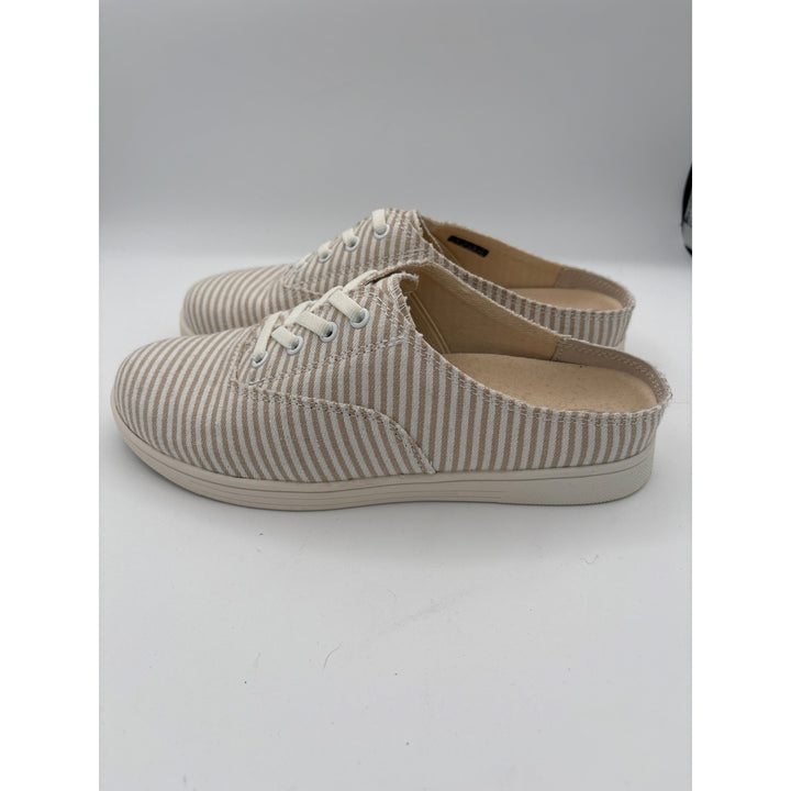 Spenco Womens 7 Slip-On Beige & White Striped Canvas Sneakers