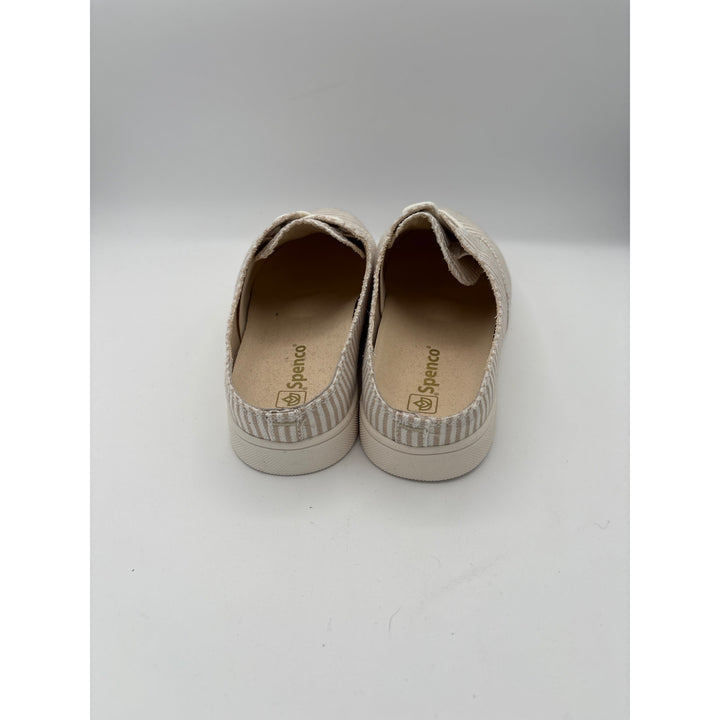 Spenco Womens 7 Slip-On Beige & White Striped Canvas Sneakers