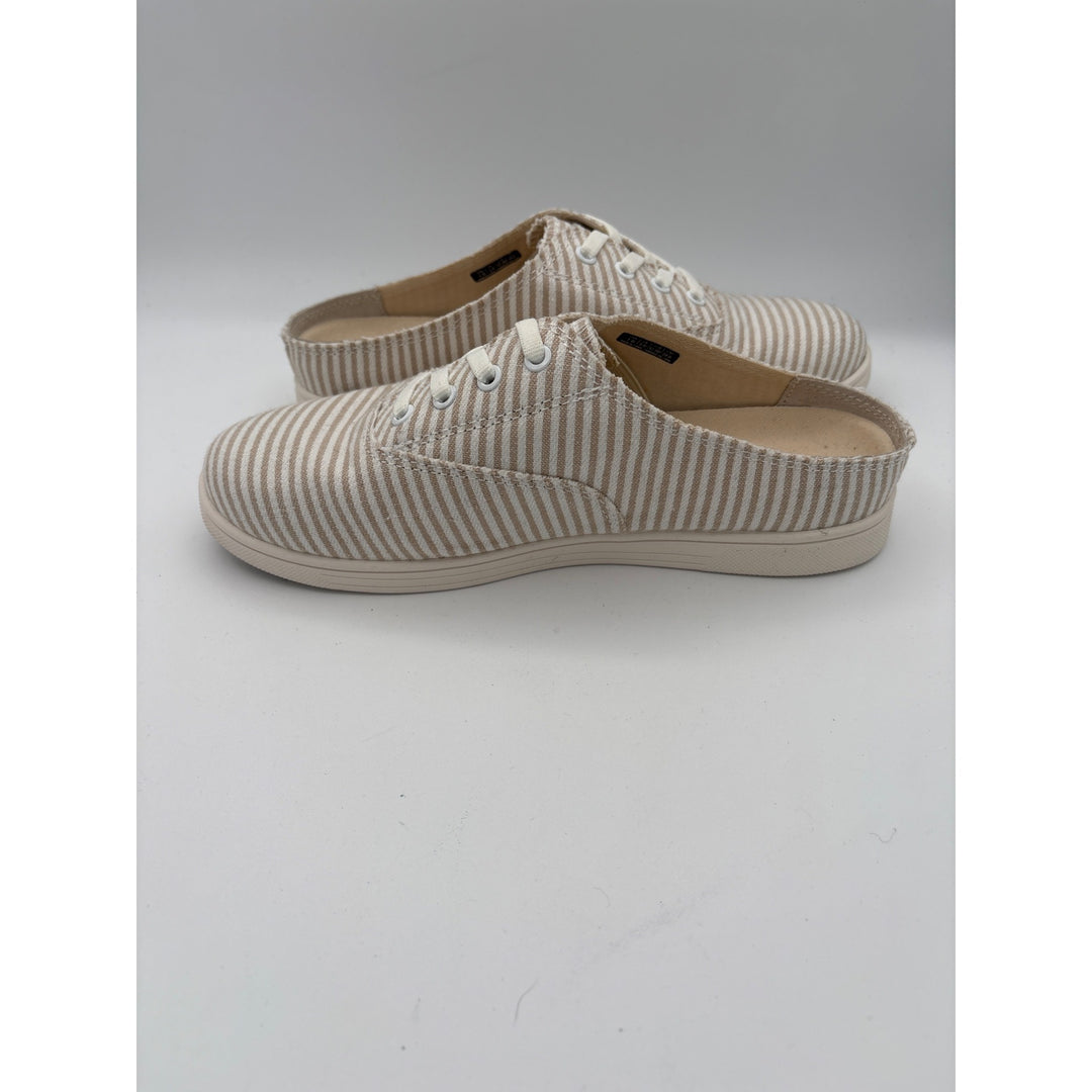 Spenco Womens 7 Slip-On Beige & White Striped Canvas Sneakers