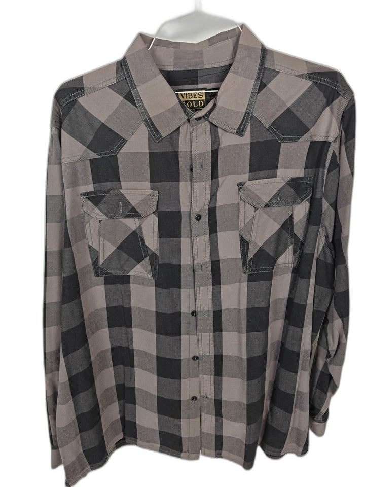 Vibes Gold Men's 3XL Gray Black Plaid Western Shirt Snap Front Long Sleeve Cotton