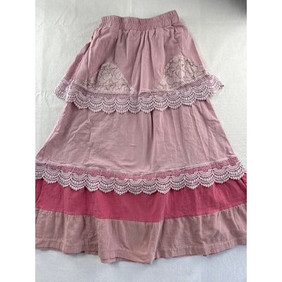 Bohemian Tiered Lace Skirt With Elastic Waist & Floral Crochet Accents Pink & Red Lightweight Cotton Blend