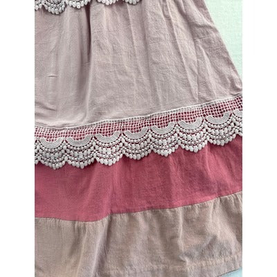 Bohemian Tiered Lace Skirt With Elastic Waist & Floral Crochet Accents Pink & Red Lightweight Cotton Blend