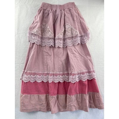 Bohemian Tiered Lace Skirt With Elastic Waist & Floral Crochet Accents Pink & Red Lightweight Cotton Blend