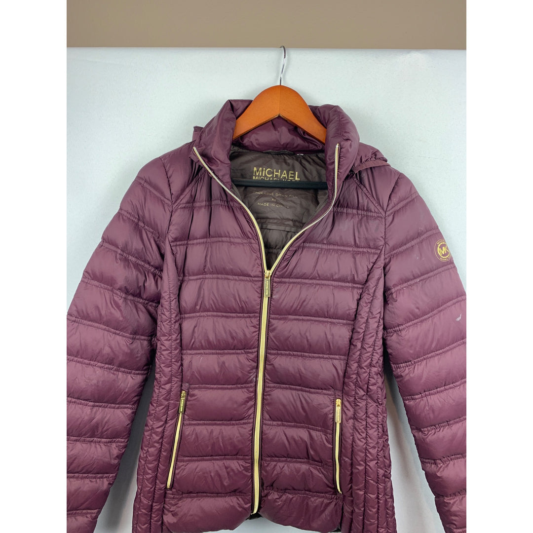 Michael Kors Womens XS Packable Down Puffer Jacket Nylon Plum