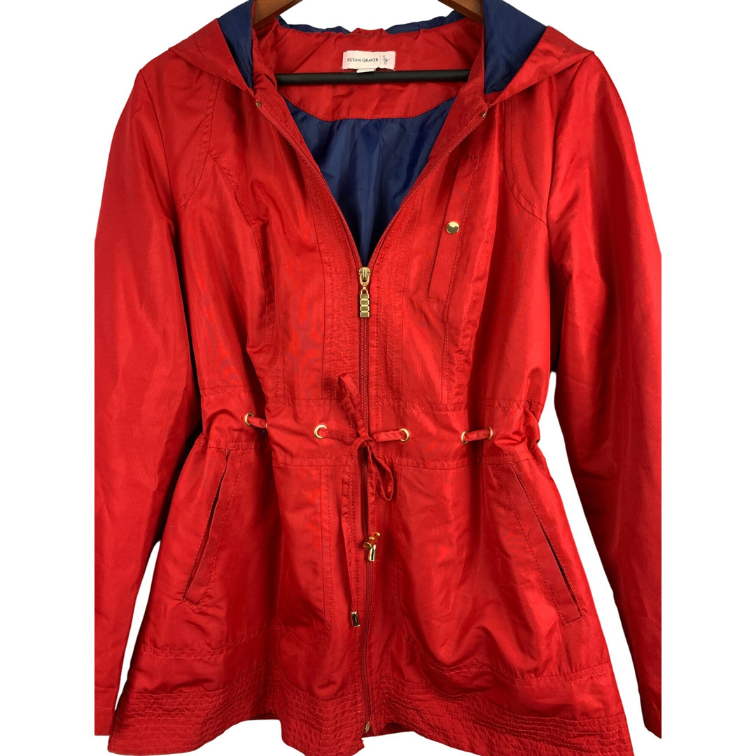 Susan Graver Womens Red Hooded Jacket With Drawstring Waist XS