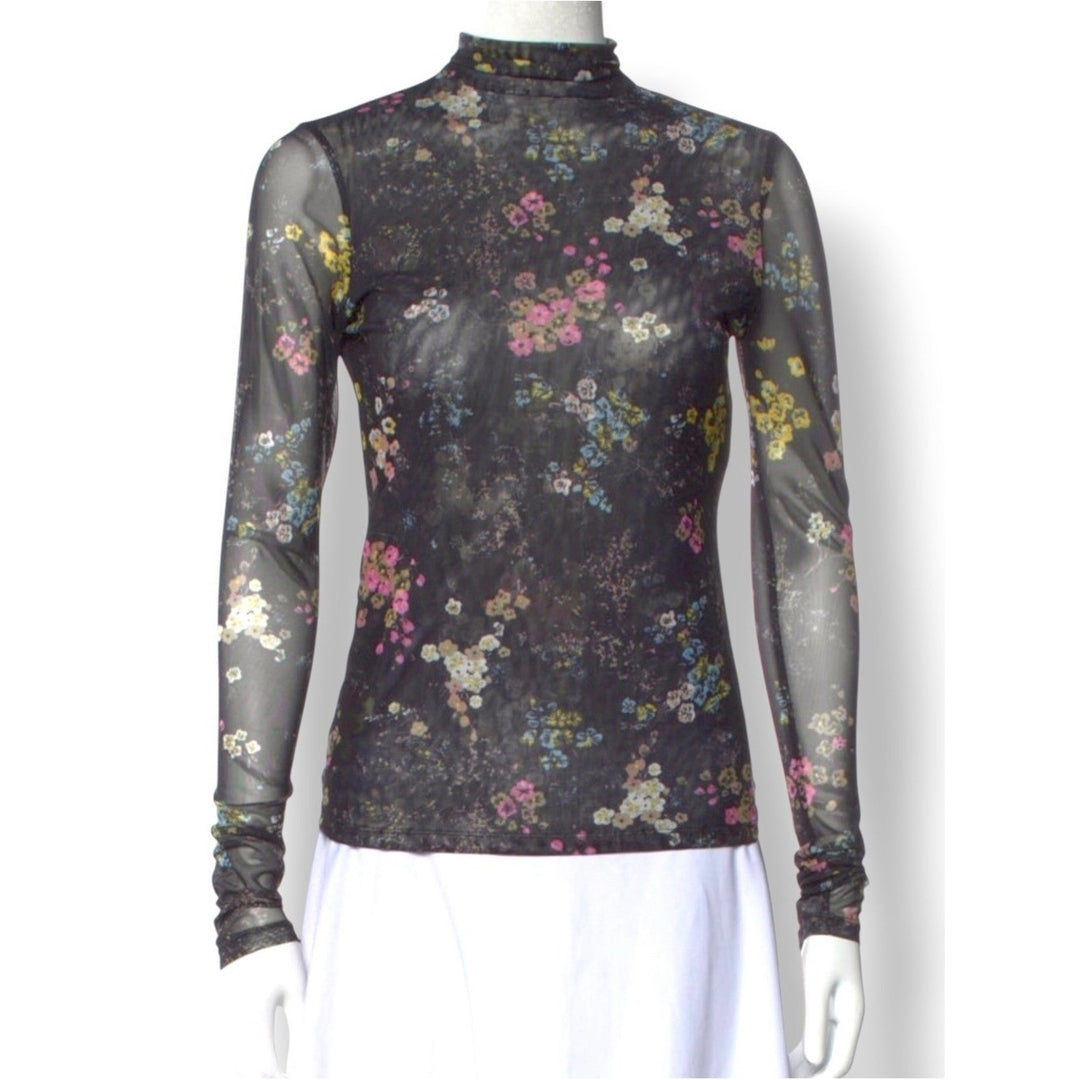 Cinq à Sept Sheer Floral Mesh Mock Neck Top SM Black Long Sleeve Romantic Gothic