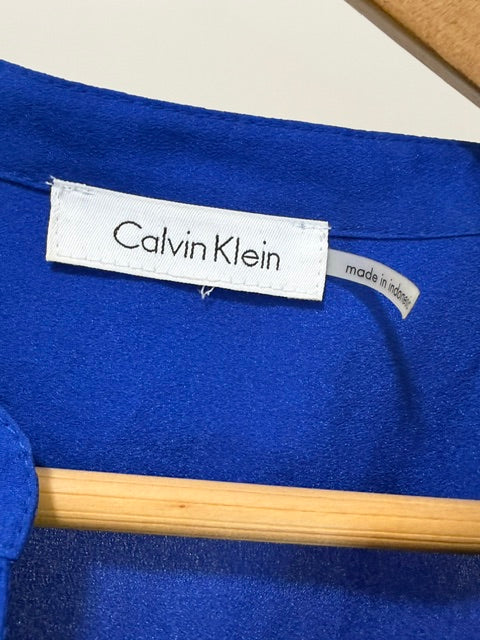 Calvin Klein Royal Blue Zip‑Pocket Roll‑Tab Blouse SzL