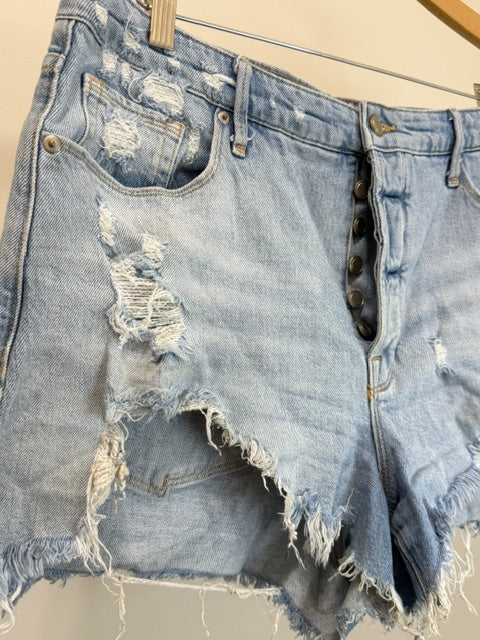 Good American Distressed Denim Shorts Button Fly Raw Hem Sz16(33/34)
