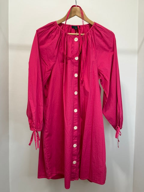 J.Crew Tie‑Sleeve Button‑Front Cotton Poplin Dress – Bright Pink SzXL NWT