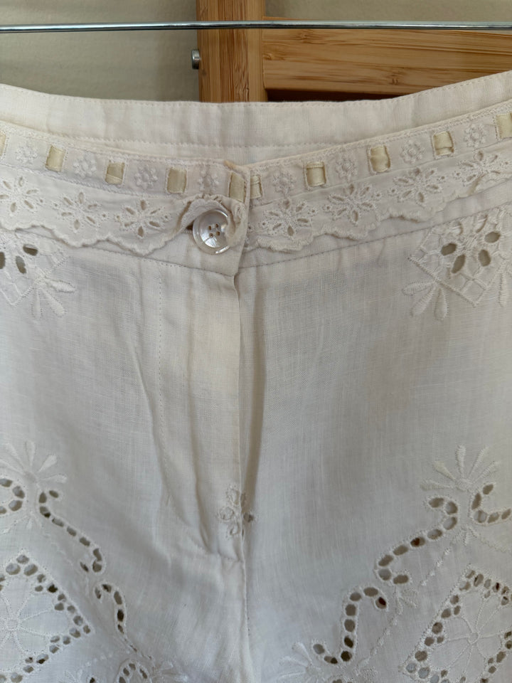 Vintage Moschino White Linen Eyelet Embroidered Pants Trousers