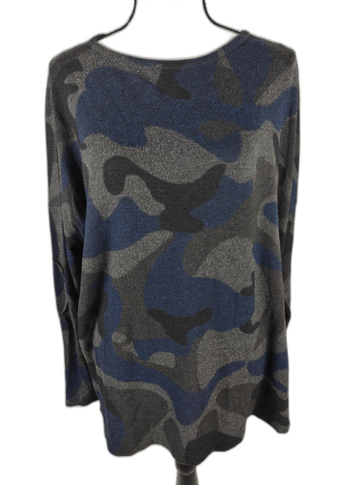 Women’s Go Couture Camo Tunic Sweater Blue Gray Size Medium