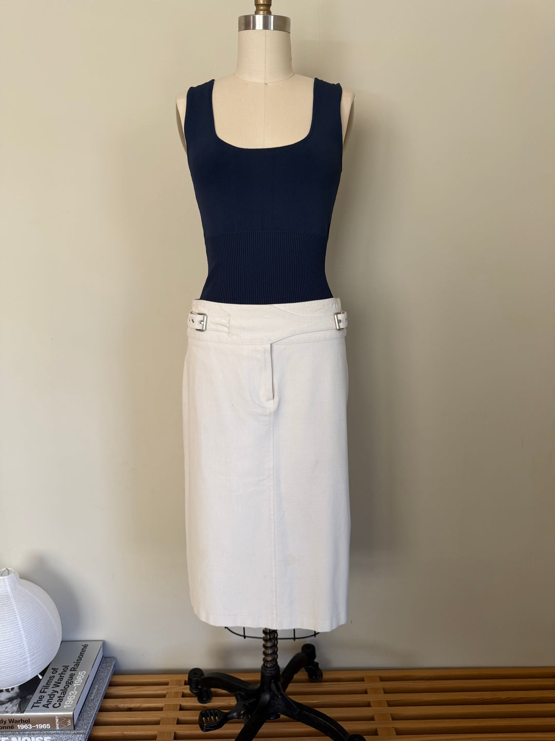 Plein Sud White Wrap Style Midi Skirt with Buckle Details