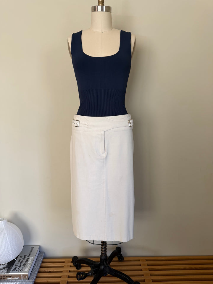 Plein Sud White Wrap Style Midi Skirt with Buckle Details