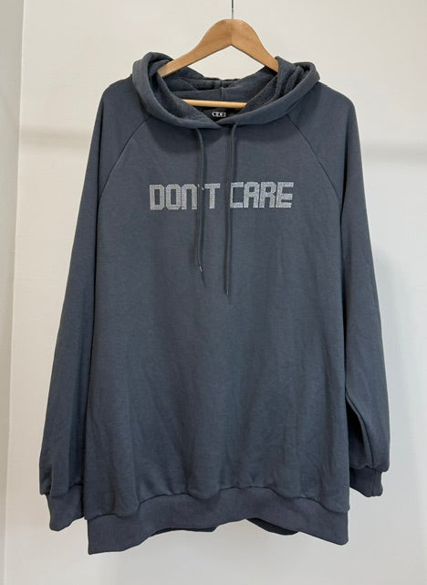 Cider “DON’T CARE” Rhinestone Hoodie – Dark Gray – Size XL (Oversized)